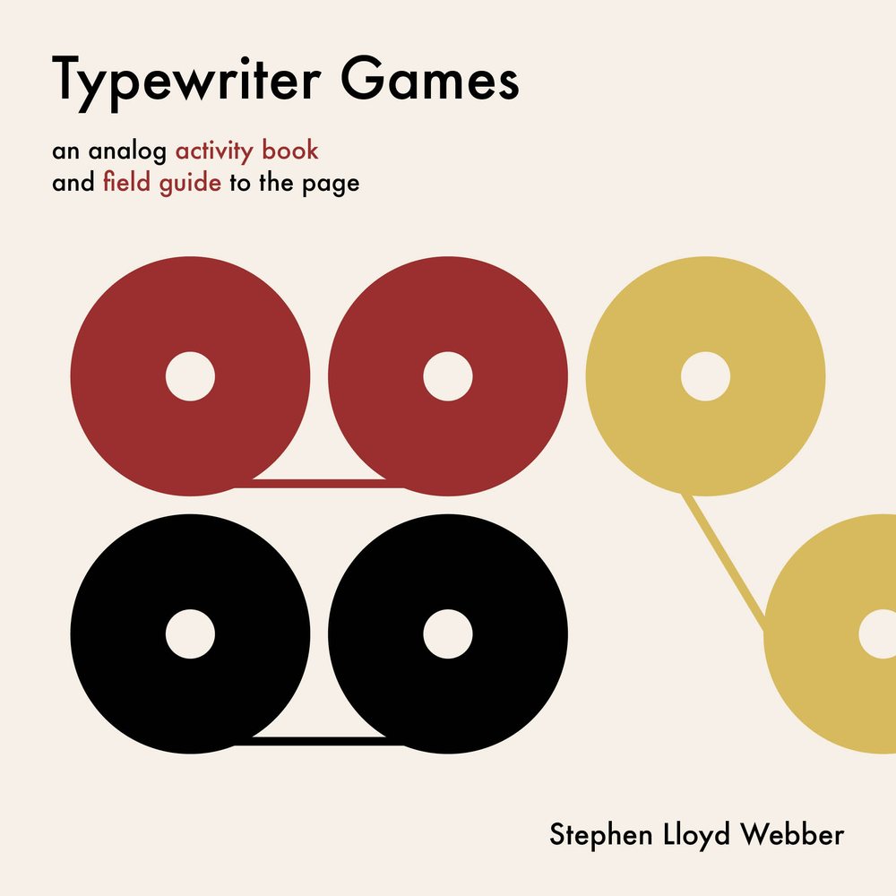 The cover of Typewriter Games: two red ribbon spools joined by a red line, two black spools joined by a black line, and a yellow spool trailing off the edge on its own.